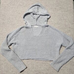 Aeropostale Grey Knit Hoodie Cropped Long Sleeve V Neck Sweater Top Womens‎